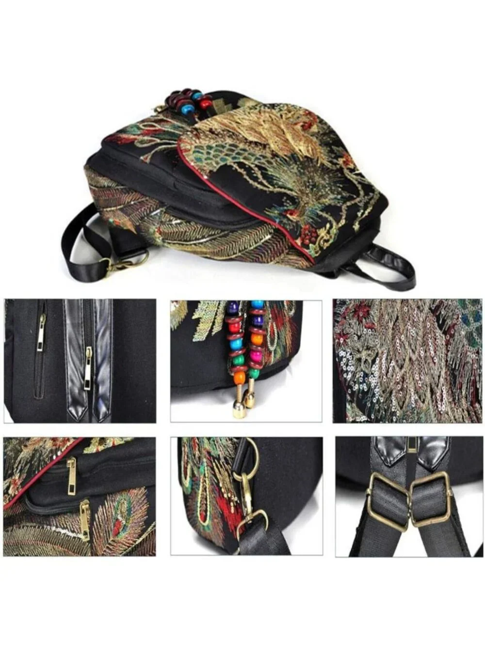 Ethnic Style Women's Backpack with Sequins & Peacock Embroidery - Canvas Travel